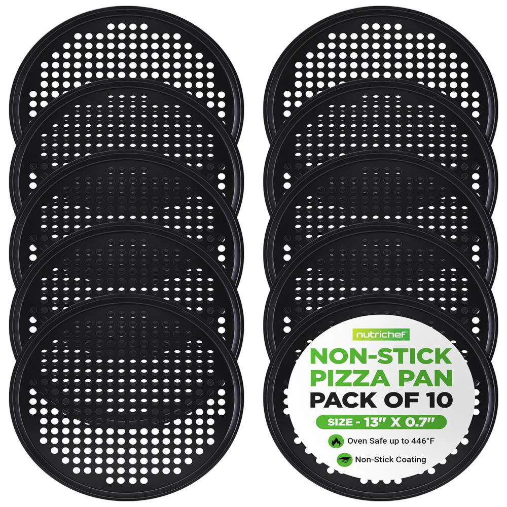 Nonstick 13" Pizza Pan Set of 10, Easy Clean Carbon Steel, Gray