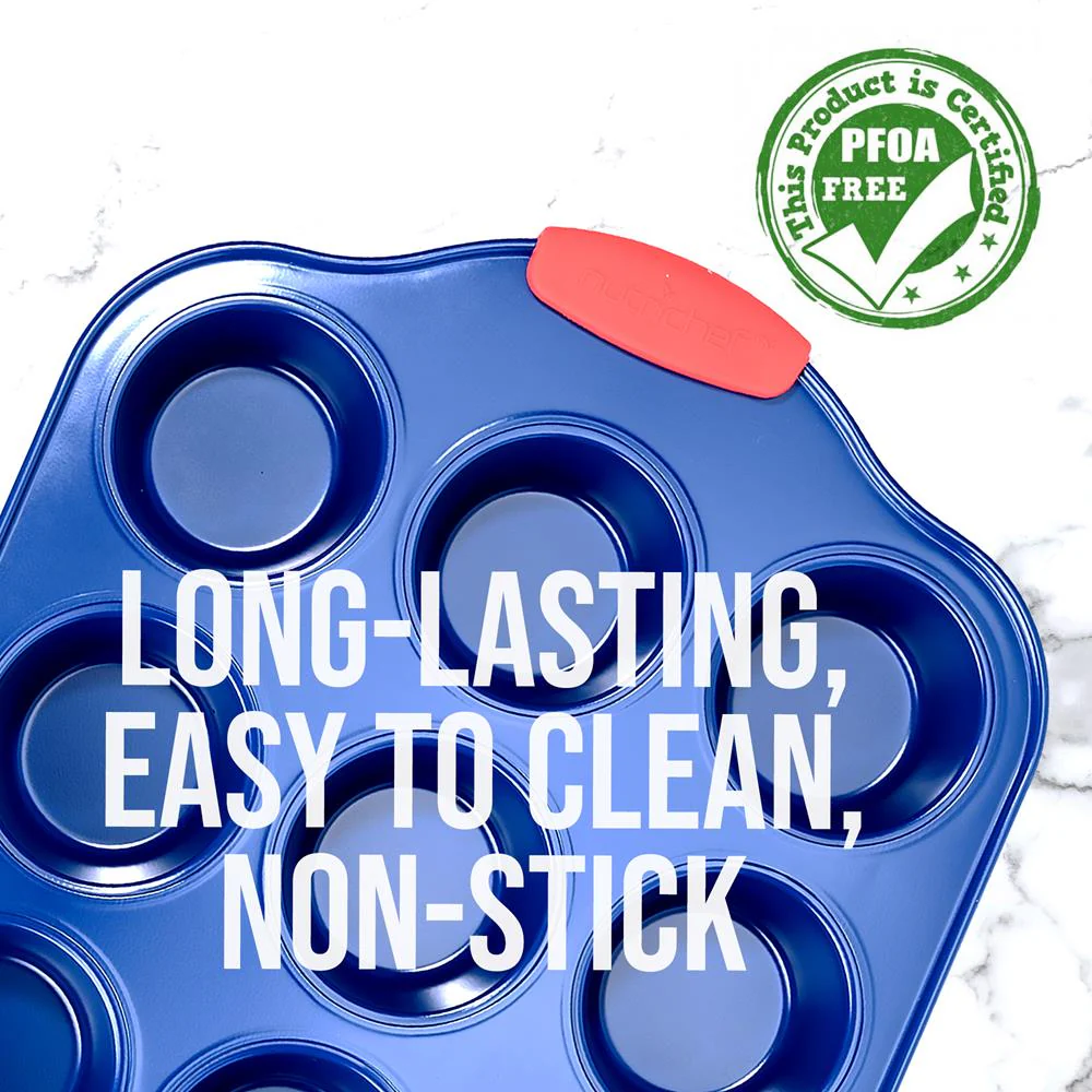12 Cup Muffin Pan - Deluxe Nonstick Blue Coating Inside & Outside With Red Silicone Handles, Compatible With Models: Ncsbsbl10, Ncsbsbl8, Ncsbsbl6 (Blue) - Image 3