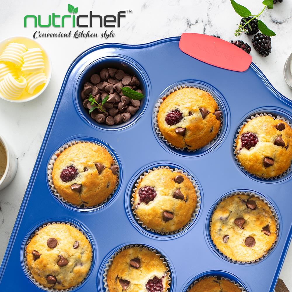 12 Cup Muffin Pan - Deluxe Nonstick Blue Coating Inside & Outside With Red Silicone Handles, Compatible With Models: Ncsbsbl10, Ncsbsbl8, Ncsbsbl6 (Blue) - Image 4