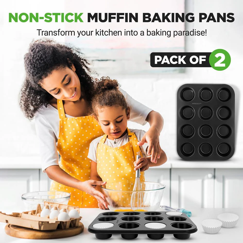2-Piece 12 Cup Kitchen Oven Muffin Baking Pans With 100 Pieces Parchment Cupcake Liners - Deluxe Non-Stick Cupcake Cookie Sheet Bakeware (Black) - Image 2