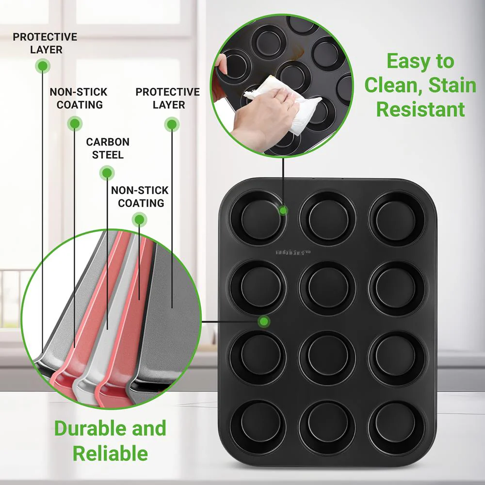 2-Piece 12 Cup Kitchen Oven Muffin Baking Pans With 100 Pieces Parchment Cupcake Liners - Deluxe Non-Stick Cupcake Cookie Sheet Bakeware (Black) - Image 3