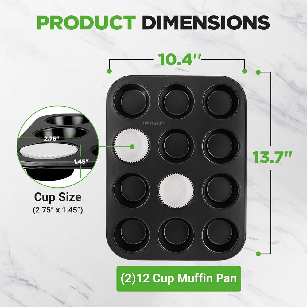 2-Piece 12 Cup Kitchen Oven Muffin Baking Pans With 100 Pieces Parchment Cupcake Liners - Deluxe Non-Stick Cupcake Cookie Sheet Bakeware (Black) - Image 6