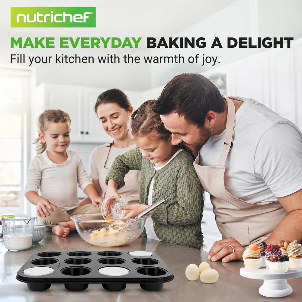 2-Piece 12 Cup Kitchen Oven Muffin Baking Pans With 100 Pieces Parchment Cupcake Liners - Deluxe Non-Stick Cupcake Cookie Sheet Bakeware (Black) - Image 7