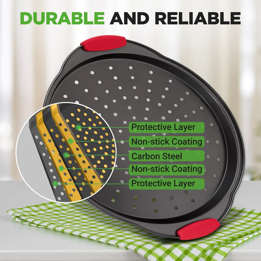 13" Nonstick Pizza Tray - Even Baking, Perforated Carbon Steel, Gray - Image 2