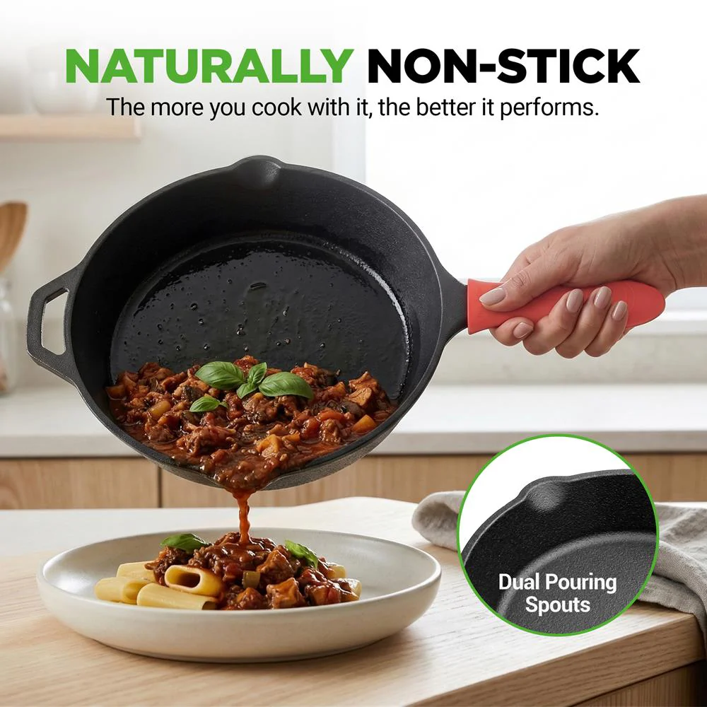 12" Cast Iron Skillet - Nonstick, Oven Safe, Orange Silicone Handle - Image 4