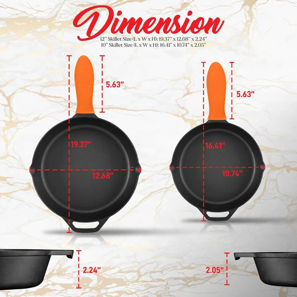 Cast Iron Skillet Set, Nonstick, Pre-Seasoned, Silicone Handles, Orange - Image 2