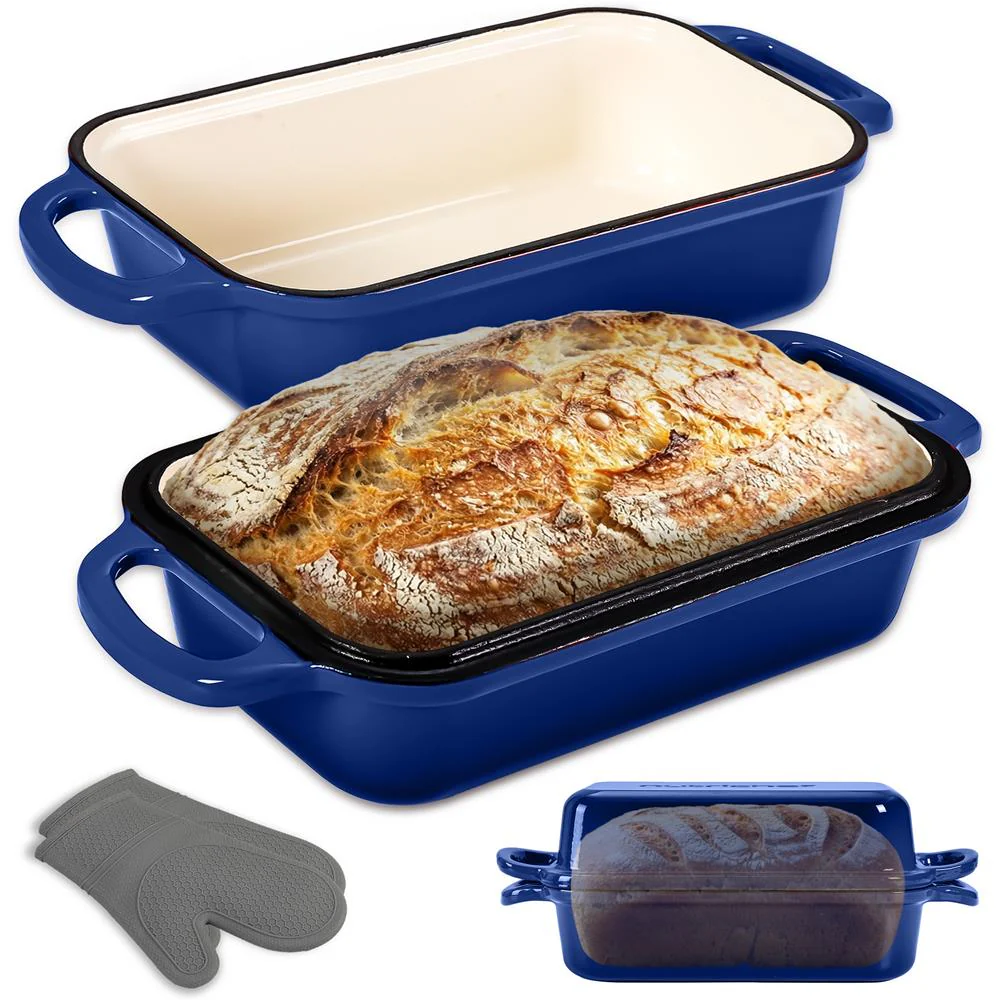 Nutrichef 9” X 5” Enamel-Coated Cast Iron Loaf Pan With Lid And Silicone Gloves Perfect For Baking, Stewing And Roasting (Blue)