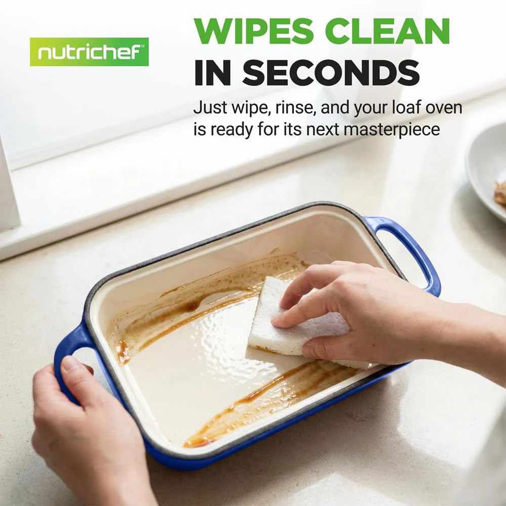 Nutrichef 9” X 5” Enamel-Coated Cast Iron Loaf Pan With Lid And Silicone Gloves Perfect For Baking, Stewing And Roasting (Blue) - Image 6