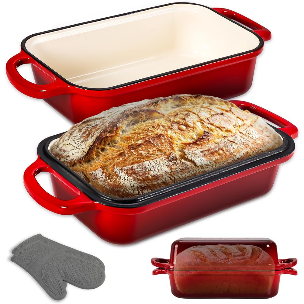Nutrichef 9” X 5” Enamel-Coated Cast Iron Bread Loaf Pan With Lid, Handles And Silicone Gloves Perfect For Baking Bread And Sourdough Making (Red)