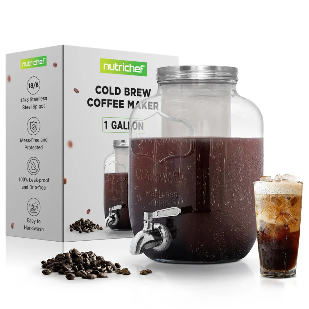 Cold Brew Coffee Maker 1-Gallon Leak-Proof Glass with Steel Spigot