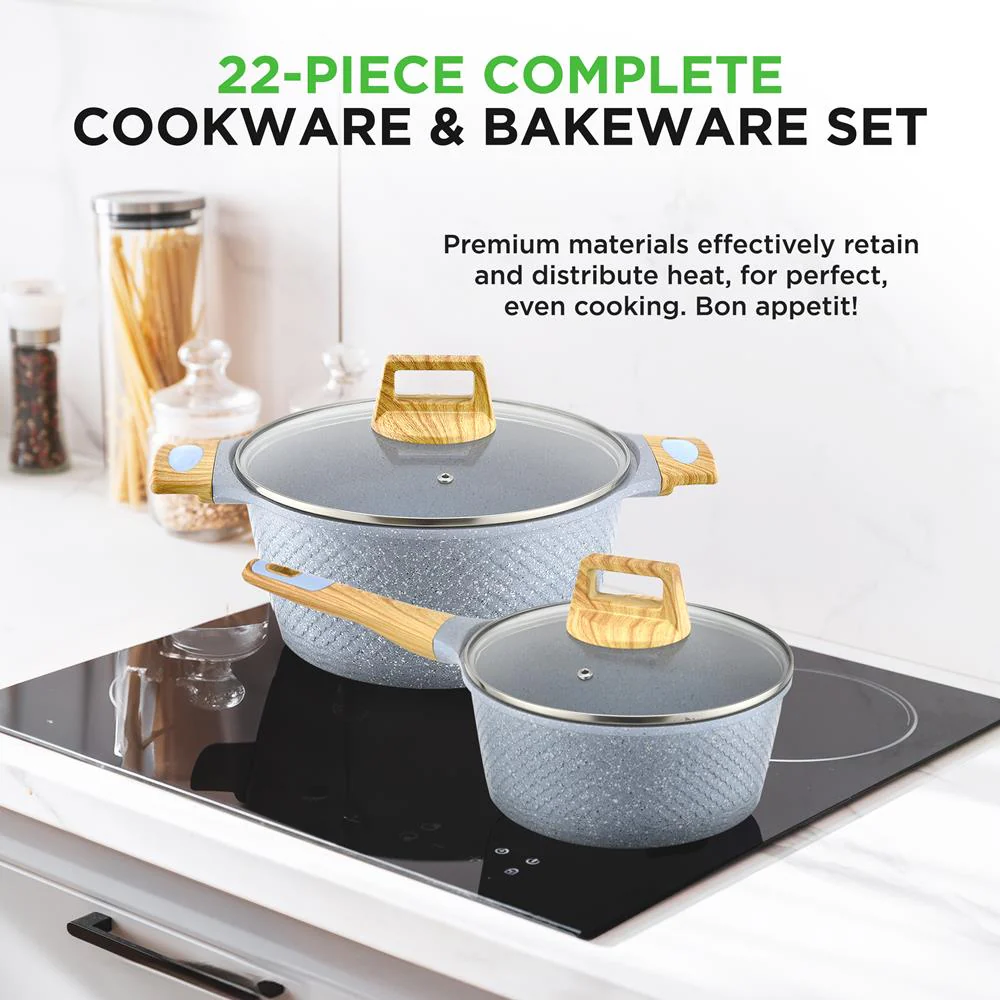 22-Piece Cookware Set, Non-Stick Marble Coating, Moon Grey - Image 2