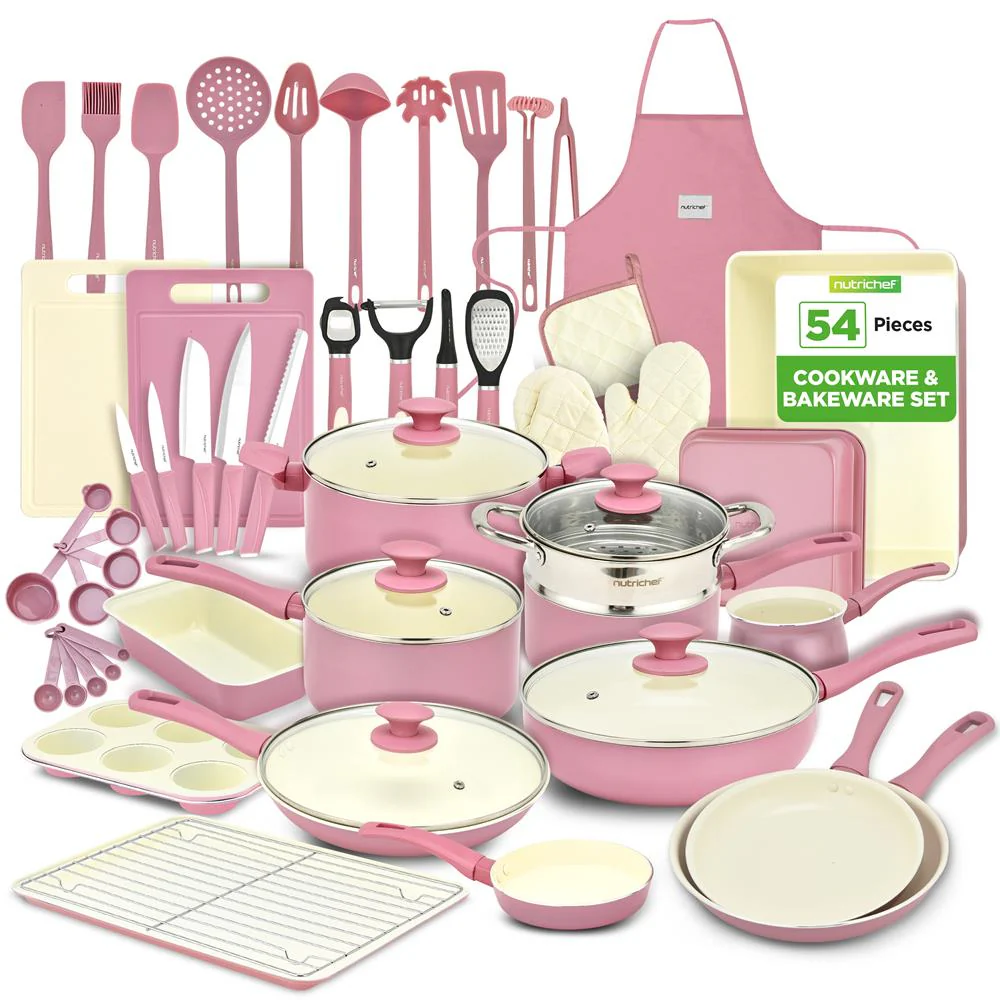 54-Piece Non-Stick Cookware Set, Even Heat Ceramic, Blush Pink