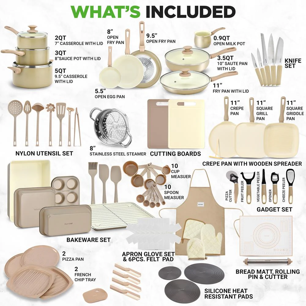 75-Piece Non-Stick Cookware Set, Ceramic Coating, Cream/Brown - Image 4