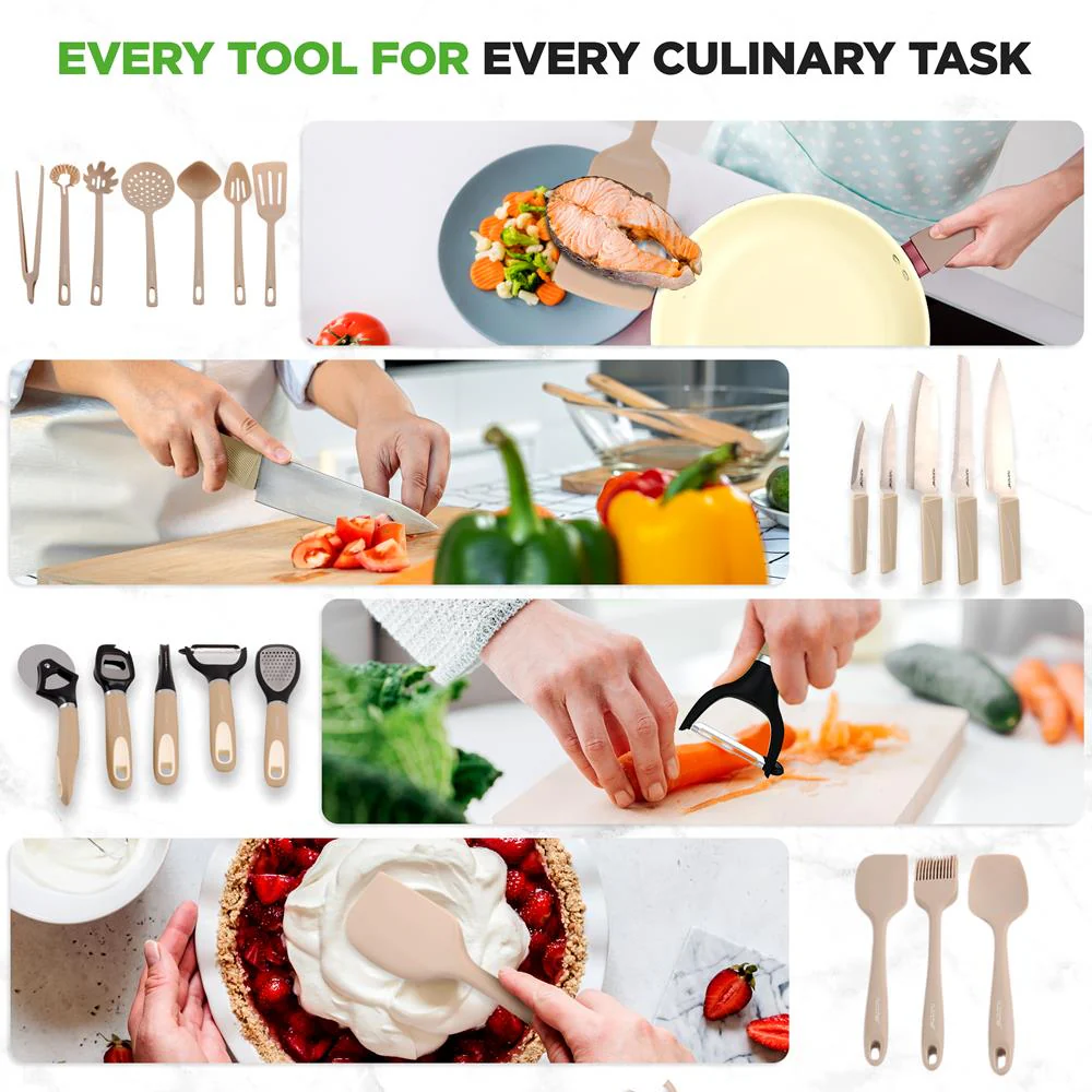 75-Piece Non-Stick Cookware Set, Ceramic Coating, Cream/Brown - Image 9