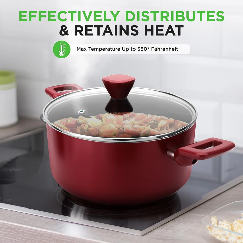 13-Piece Nonstick Cookware Set, Even Heat, Durable Coating, Red - Image 4