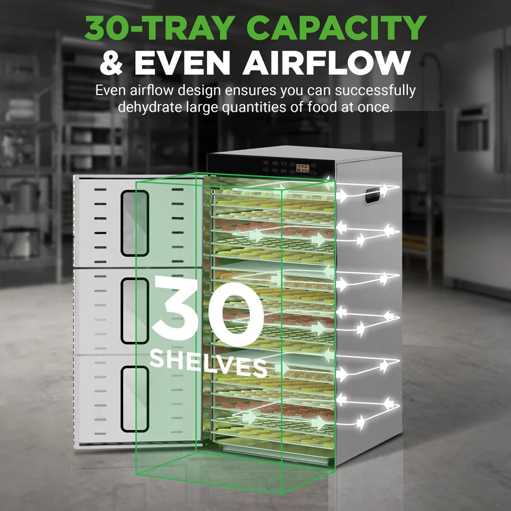Commercial Food Dehydrator, 30 Trays, Digital Timer, Stainless Steel - Image 2