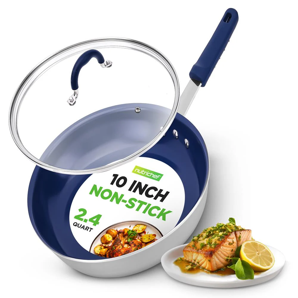 10" Nonstick Fry Pan with Lid, Ceramic Coating, Blue Silicone Handle