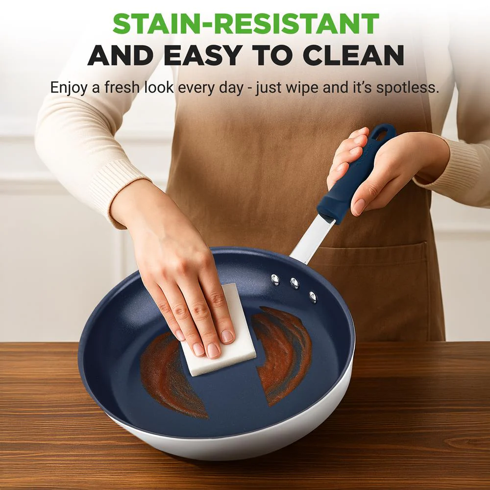 8" Nonstick Fry Pan - Easy Clean Ceramic, Blue Silicone Handle - Image 5