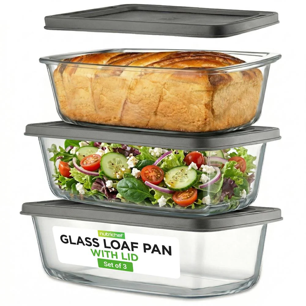 6-Piece Glass Loaf Pan Set - Airtight Lids, Stackable, Oven Safe, Clear