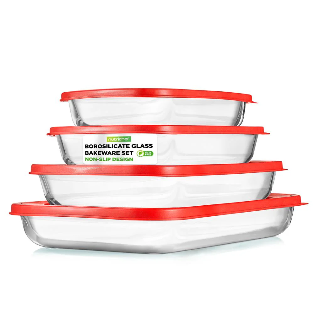 4 Sets Of High Borosilicate Rectangular Glass Bakeware Set With Pe Lid (Red)