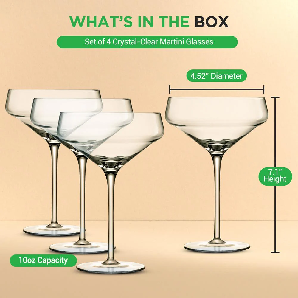 Crystal Martini Glasses 10 Oz - Elegant Lead-Free Crystal, Dishwasher Safe