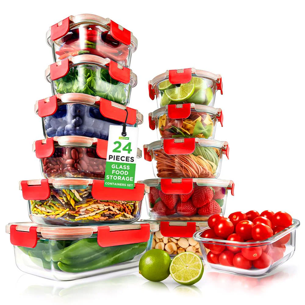 Glass Food Storage Set 24pc Airtight Leak-Proof Borosilicate Red