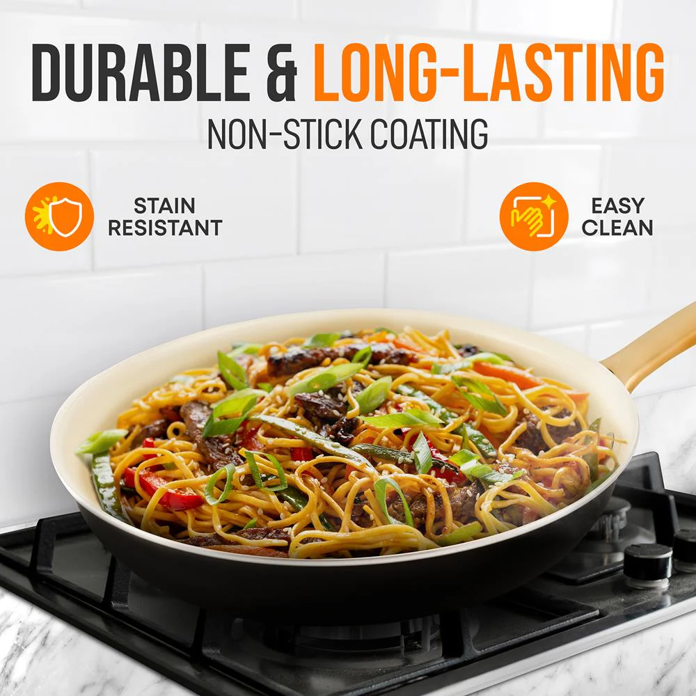 12" Non-Stick Frying Pan, Even Heat, Ceramic Coating, Golden Handle - Image 6