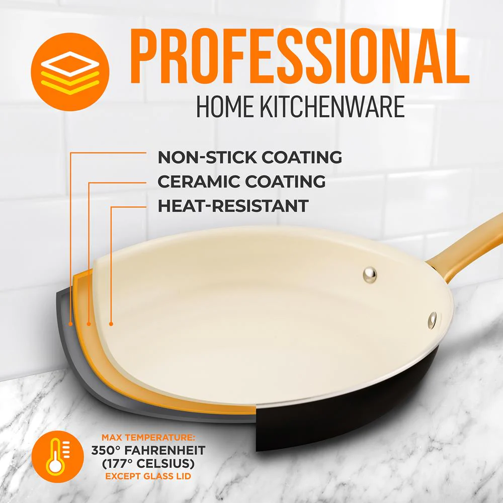 10" Non-Stick Frying Pan with Lid, Golden Titanium Handle, Easy Clean - Image 3