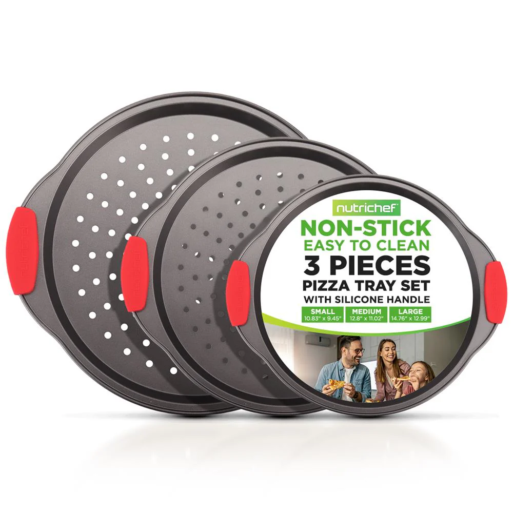 3-Piece Pizza Tray Set for Crispy Pizzas, Nonstick Carbon Steel, Gray
