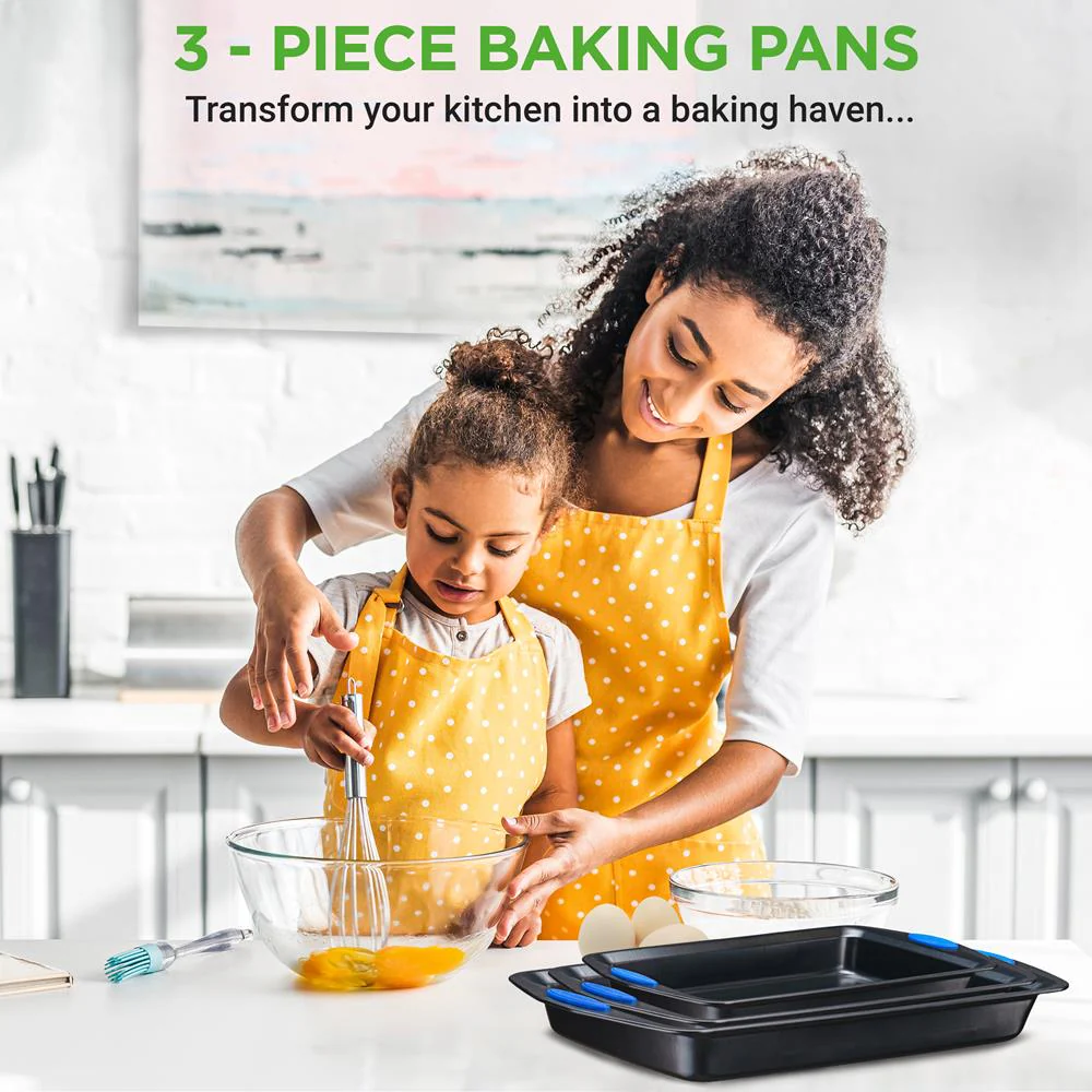 3-Piece Nonstick Baking Pan Set, Carbon Steel, Blue Handles, Gray - Image 2