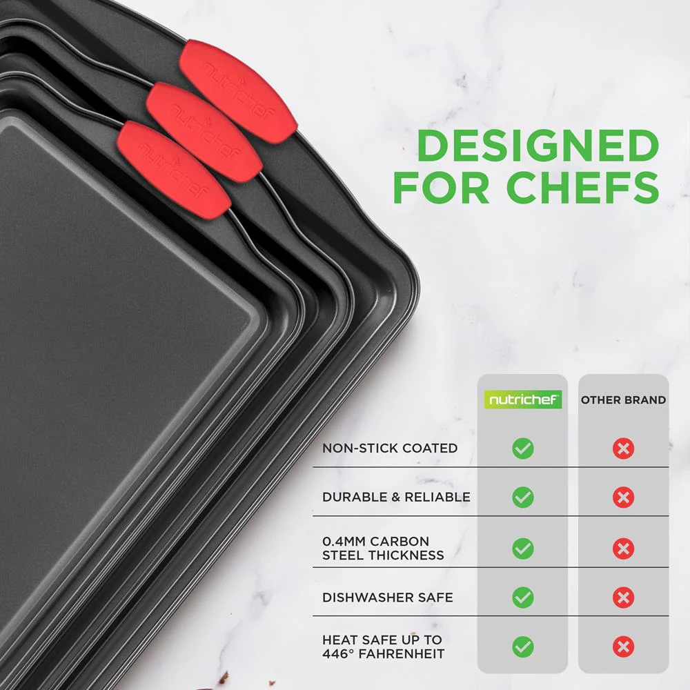 3-Piece Nonstick Baking Pan Set - Easy Clean Carbon Steel 0.4mm, Red Handles - Image 11