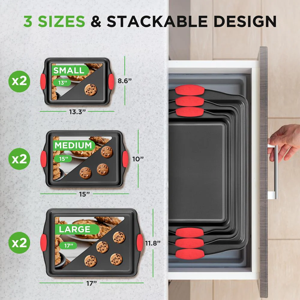 3-Piece Nonstick Baking Pan Set - Easy Clean Carbon Steel 0.4mm, Red Handles - Image 3