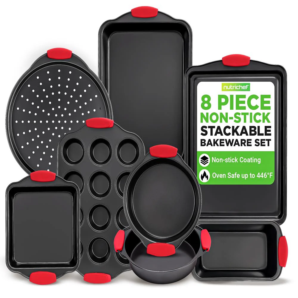 8-Piece Nonstick Bakeware Set, Carbon Steel, Red Silicone Handles