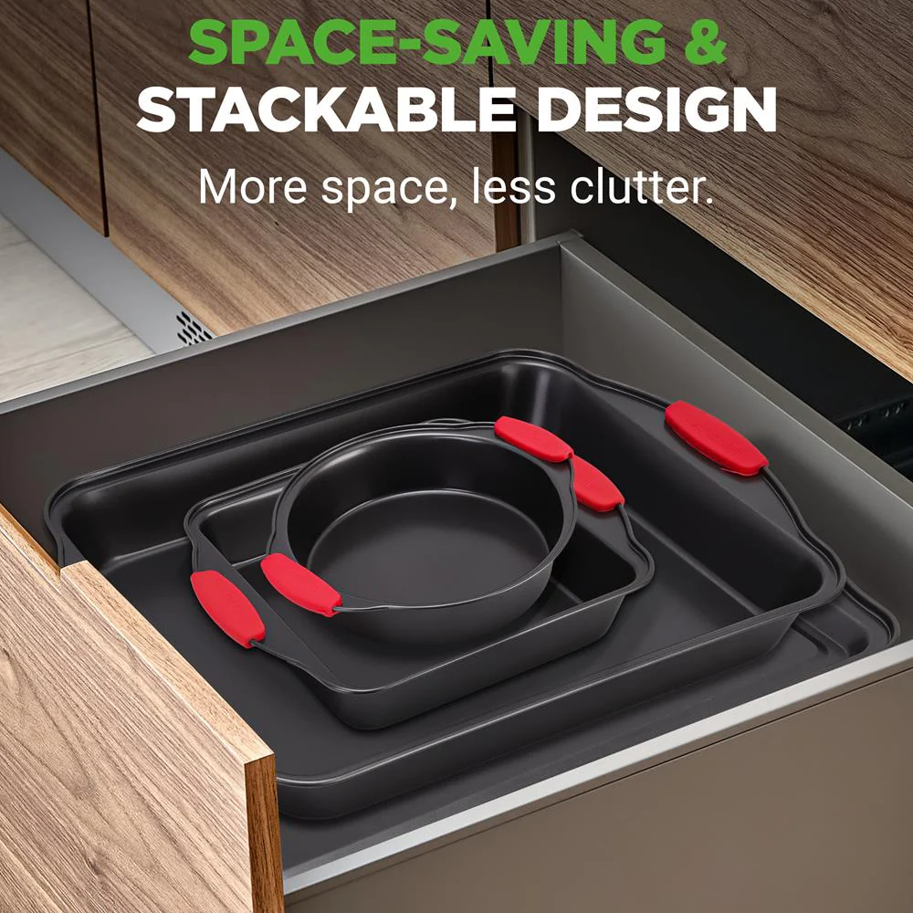 8-Piece Nonstick Bakeware Set, Carbon Steel, Red Silicone Handles - Image 3