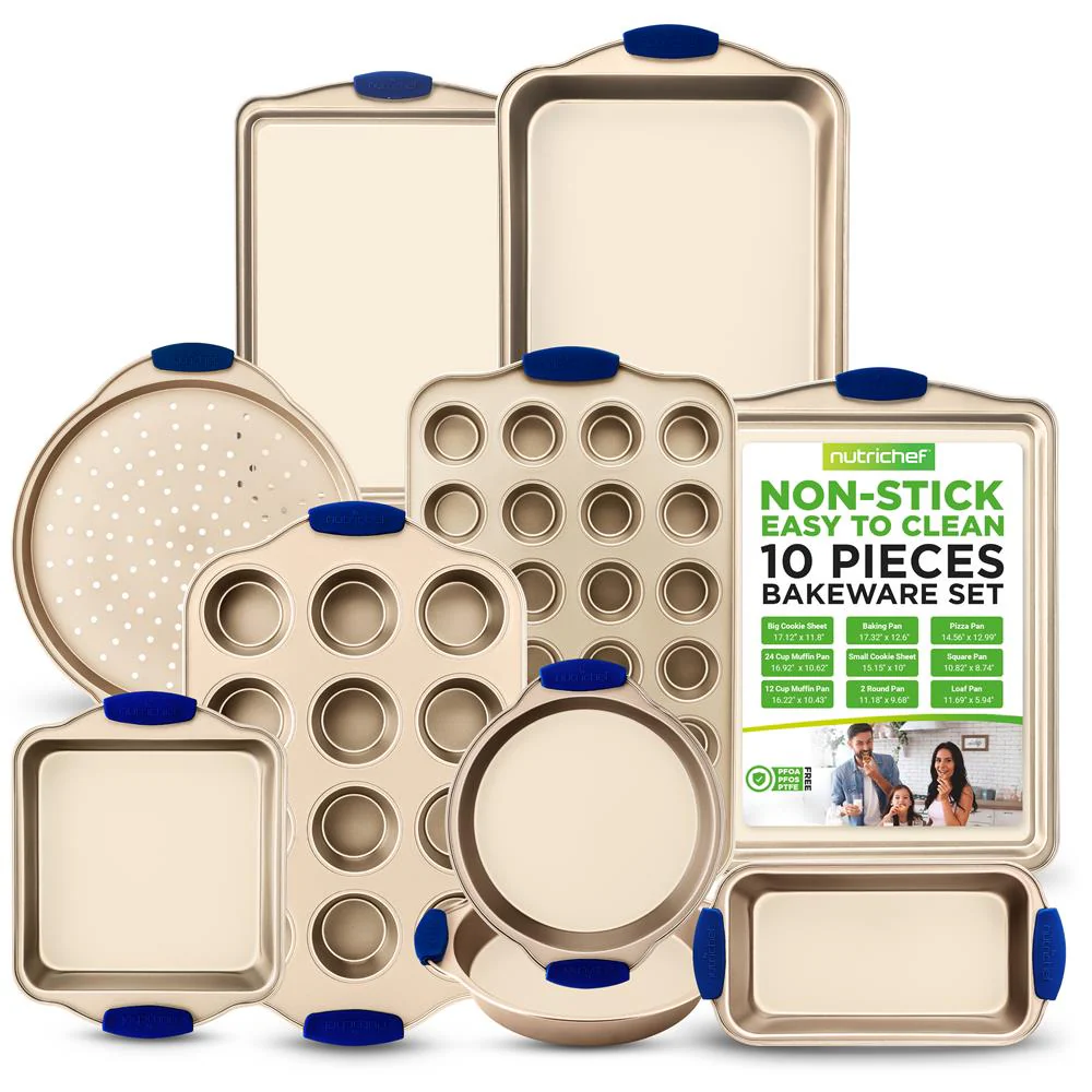 10-Piece Nonstick Bakeware Set - Easy Clean Carbon Steel, Blue Handles