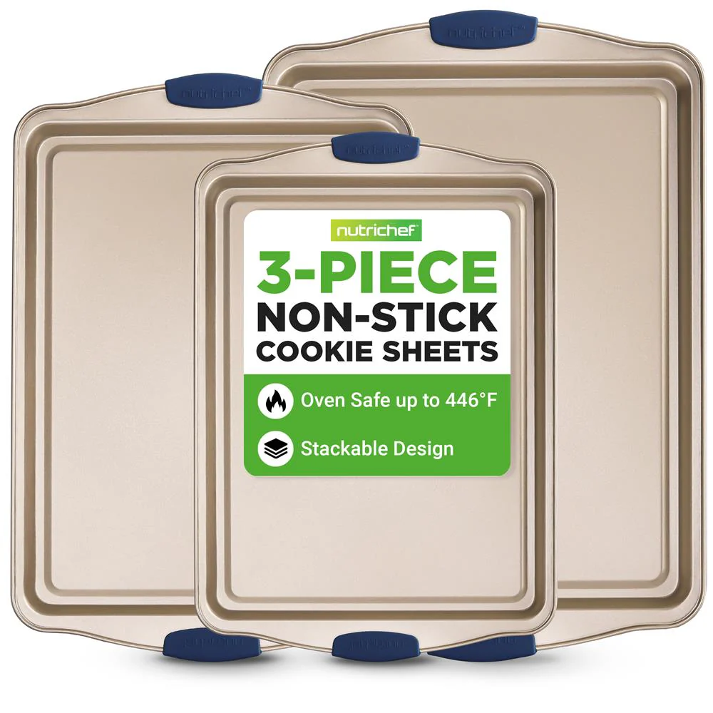 3-Piece Nonstick Bakeware Set - Easy Clean Carbon Steel, Blue Handles