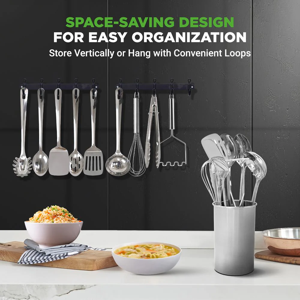 10 Pcs. Stainless Steel Kitchen Utensils Set - Nonstick & Heat Resistant With High-Quality Ss Utensil Holder, Spoon, Slotted Spoon, Turner, Slotted Turner, Ladle, Pasta Server, Server, Food Tong, Masher And Whisk - Image 4