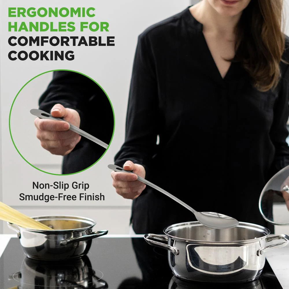 10 Pcs. Stainless Steel Kitchen Utensils Set - Nonstick & Heat Resistant With High-Quality Ss Utensil Holder, Spoon, Slotted Spoon, Turner, Slotted Turner, Ladle, Pasta Server, Server, Food Tong, Masher And Whisk - Image 5