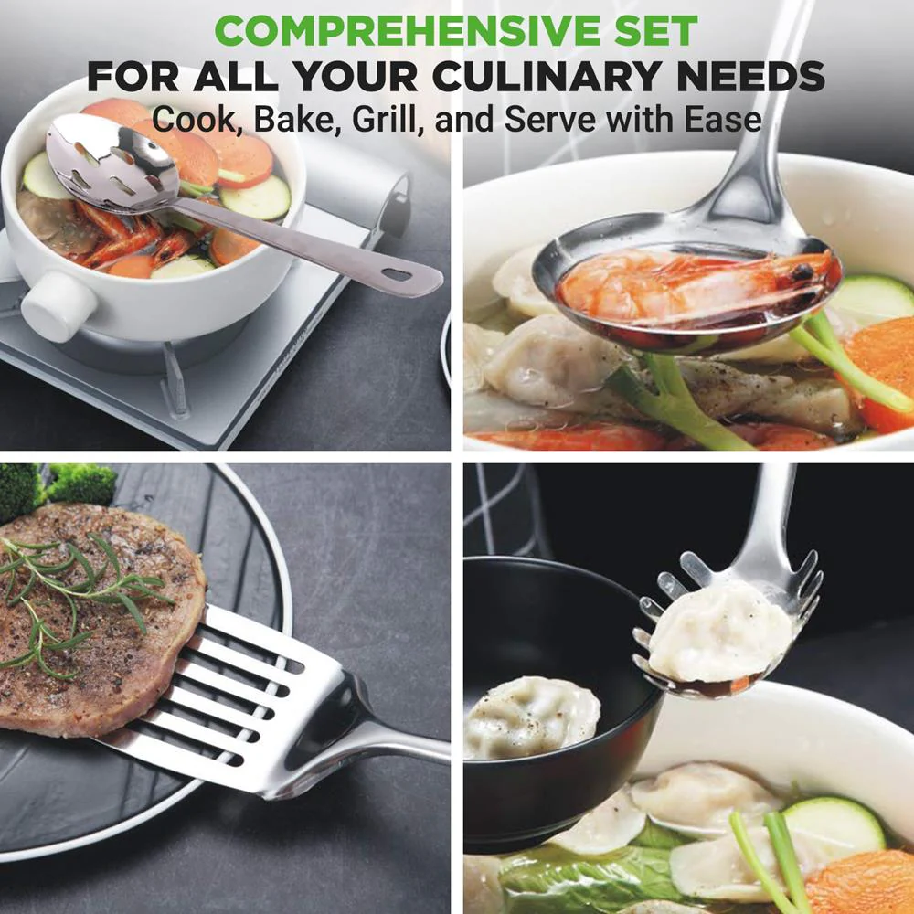 10 Pcs. Stainless Steel Kitchen Utensils Set - Nonstick & Heat Resistant With High-Quality Ss Utensil Holder, Spoon, Slotted Spoon, Turner, Slotted Turner, Ladle, Pasta Server, Server, Food Tong, Masher And Whisk - Image 6