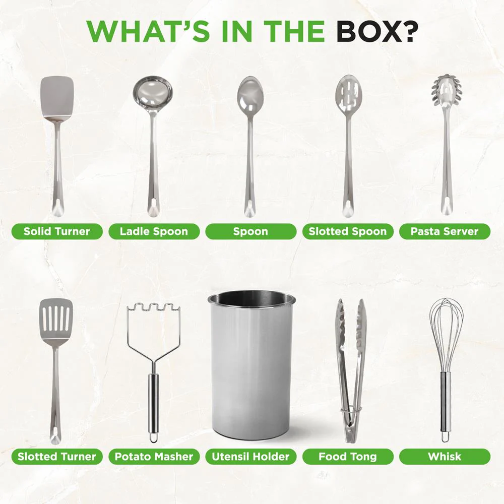 10 Pcs. Stainless Steel Kitchen Utensils Set - Nonstick & Heat Resistant With High-Quality Ss Utensil Holder, Spoon, Slotted Spoon, Turner, Slotted Turner, Ladle, Pasta Server, Server, Food Tong, Masher And Whisk - Image 7