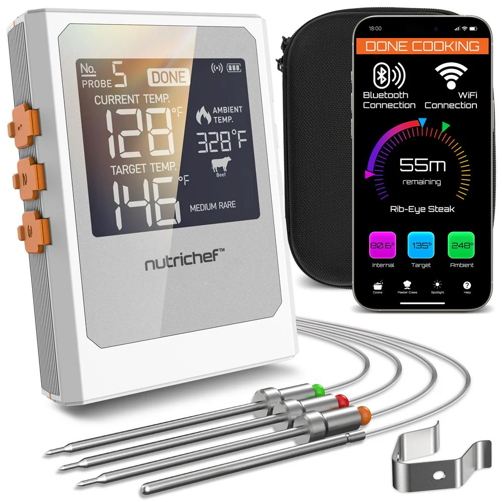 Wireless Meat Thermometer, Remote Alerts, 2 Stainless Probes, Digital Display