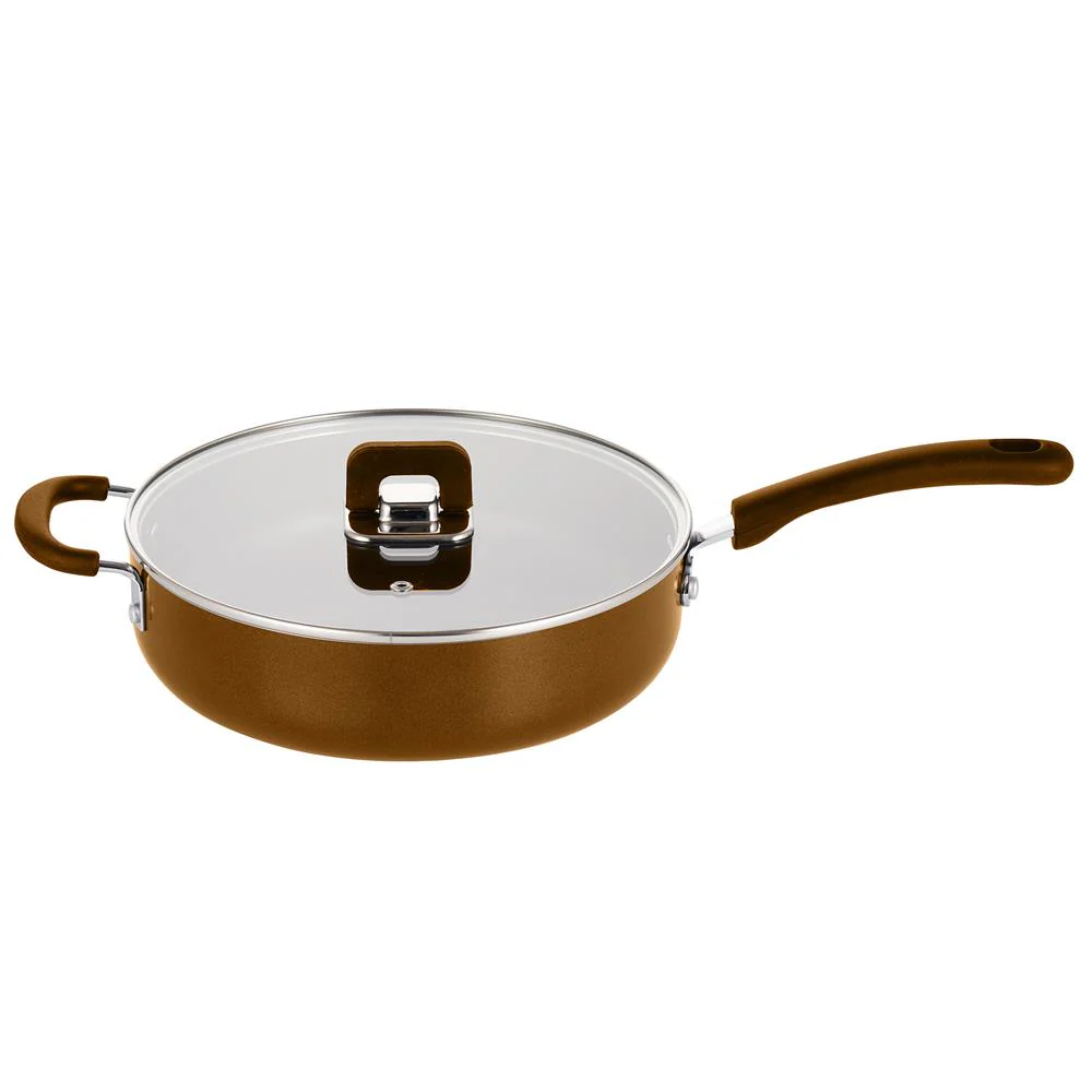 3.7Qt Non-Stick Saute Pan, Foldable Knob, Tempered Glass Lid, Brown