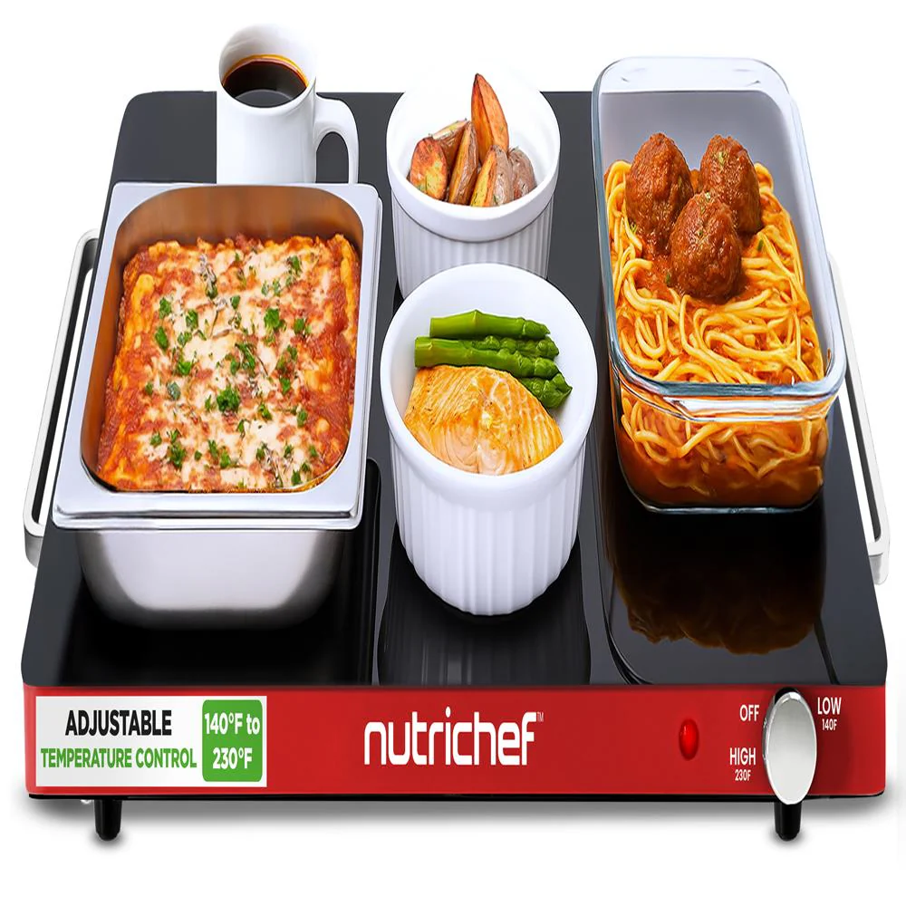 Electric Warming Tray Keeps Food Warm Glass Surface Adjustable Temp Red