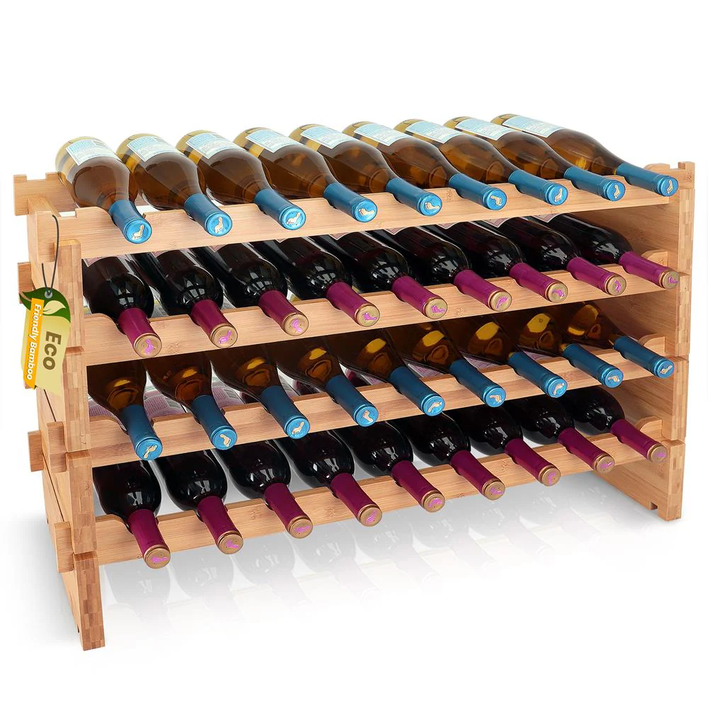 Stackable Wine Rack 36-Bottle Capacity Bamboo Modular Display Shelf